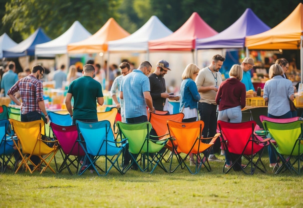 A group of people browse through a variety of colorful and sturdy festival chairs at an outdoor market trying out different styles and designs