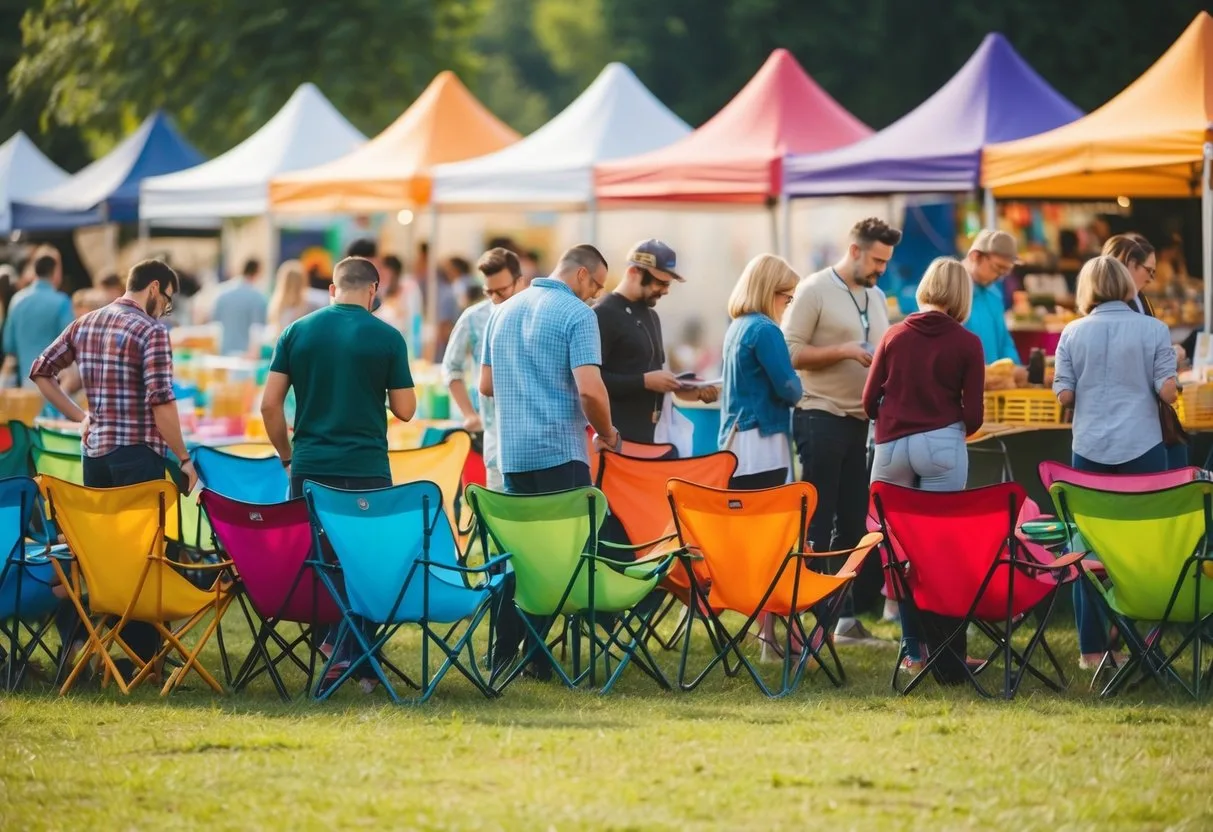 A group of people browse through a variety of colorful and sturdy festival chairs at an outdoor market trying out different styles and designs